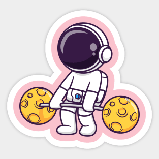 Cute Astronaut Lifting Moon Barbell Cartoon Sticker